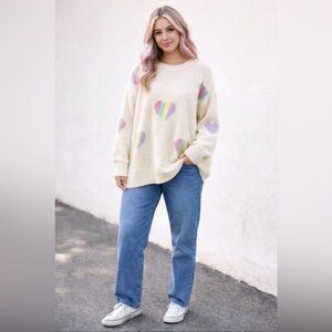 And The Why Pastel Rainbow Heart Oversized Cream Sweater ~ Size: M/L ~ NWOT